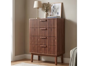 Commode de rangement, 60x34x91cm, avec 4 tiroirs, en bois, design à lattes, noyer
