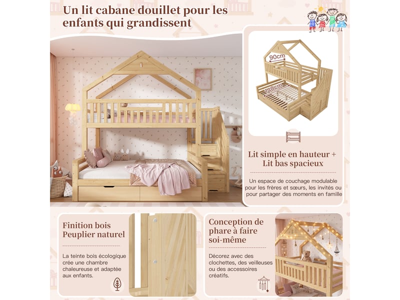  Lit superposé enfant 90x200 + 140x200 cm maison avec toit pignon, escalier rangement, 2 tiroirs et barrières sécurité - chêne  - Conforama D