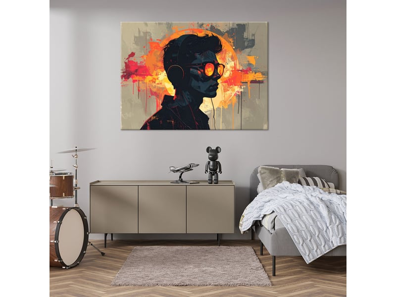  Tableau moderne, garçon avec des écouteurs et un halo de feu en arrière-plan 100x70 1312610686 - Conforama B