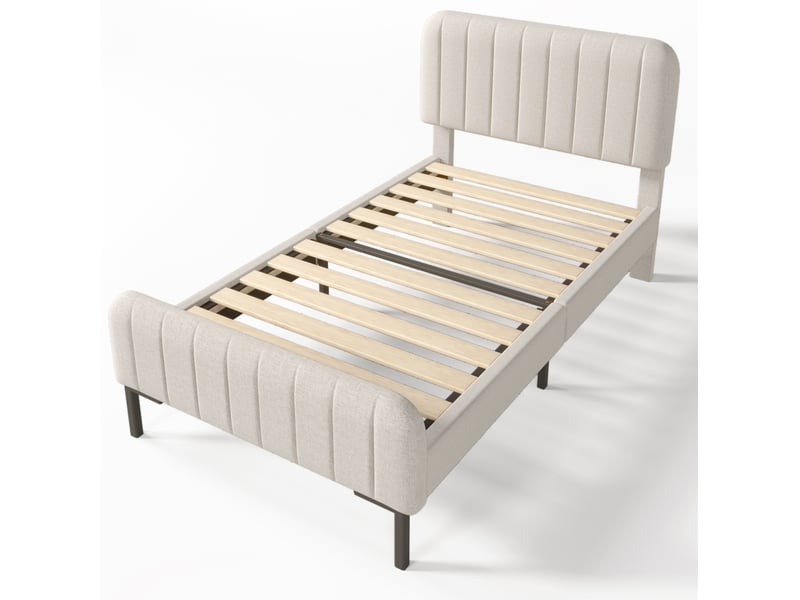 Lit simple 90x190 cm avec sommier et tête de lit réglable, lin gris beige clair, sans matelas - Conforama D