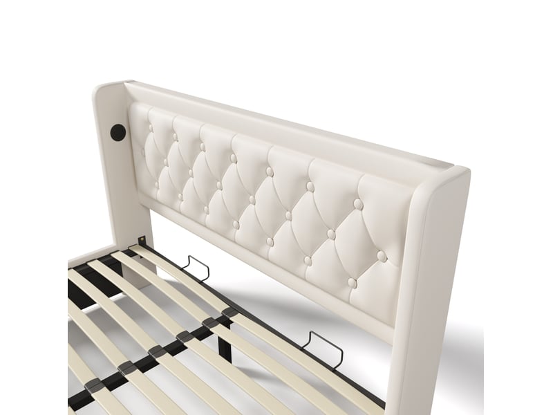  Lit coffre 160x200 cm, fonction usb type-c, led 3 côtés, pu, blanc sans matelas  - Conforama D