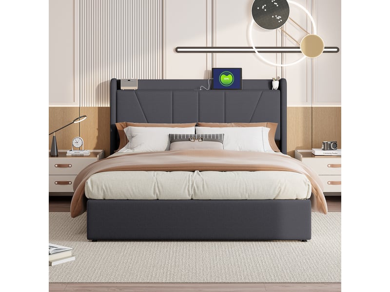  Lit coffre 160x200cm - lit double 160x200 - tissu en lin avec station de charge usbtype-c &amp; étagère - gris  - Conforama B