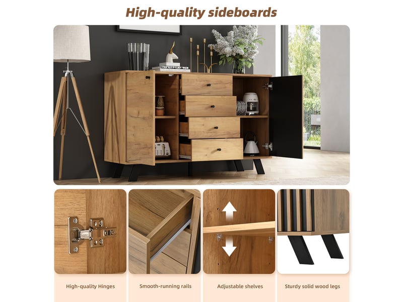 Buffet salon 120 cm noir et bois avec 4 tiroirs et 2 portes - Conforama D