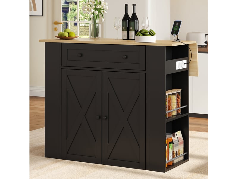  Îlot de cuisine extensible 120x4775x97 cm, 2 portes, tiroir, rangements latéraux, prises usb, mdf et panneau de particules, noir  - Conforama B