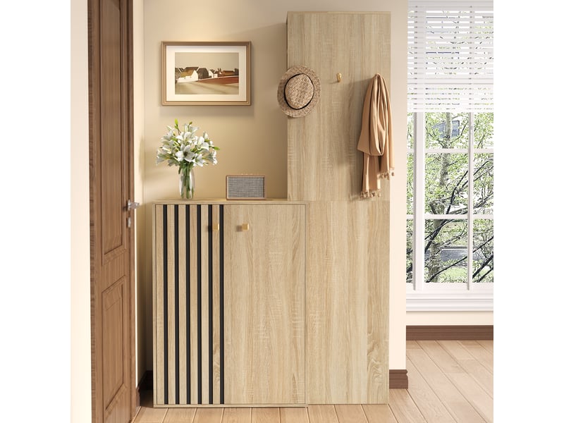  Vestiaire d'entrée 115 x 38,5 x 191,5 cm, patères, étagères réglables, rangement haut, portes rainurées, mdf naturel ABC - Conforama B