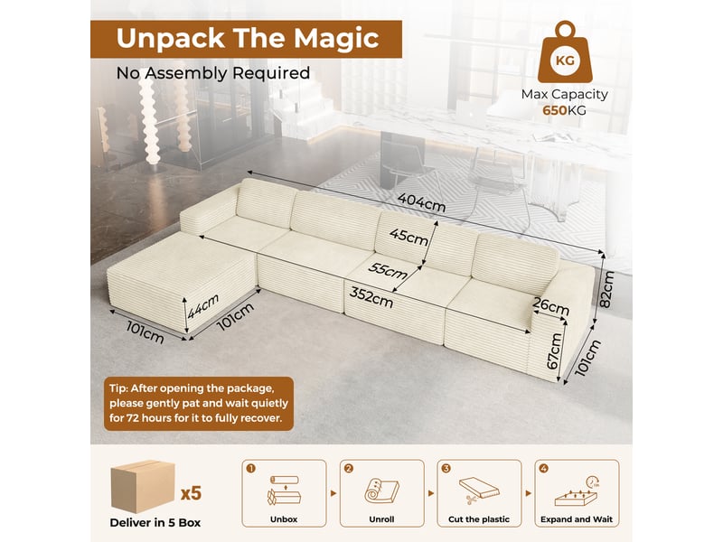 Canapé d'angle 4 places modulaire en velours côtelé avec 1 pouf,canapé compressé,sans assemblage,404x202x82cm,beige 404x202x82CM - Conforama C