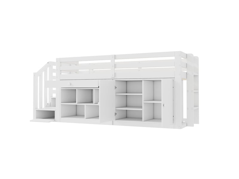  Lit enfant multifonctionnel 90x200 cm, escalier réversible, tiroirs convertibles, espace de rangement, bois blanc sans matelas  - Conforama E