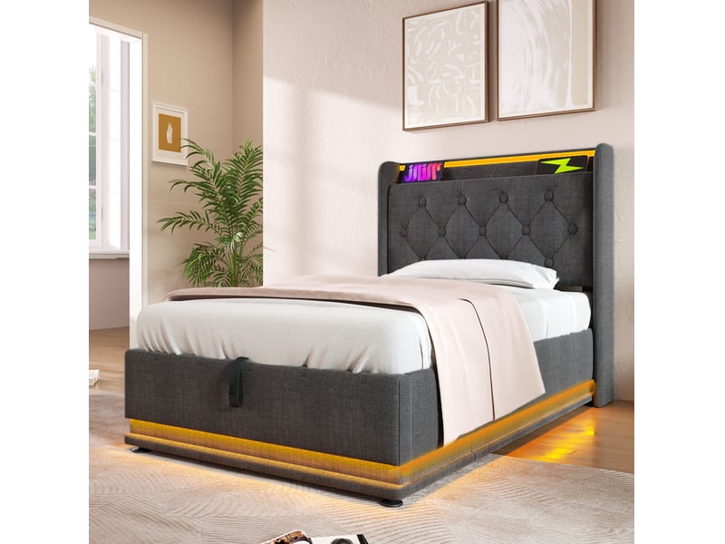  Modenvie lit coffre 90x200 cm - led 360, usb et usb c, avec matelas - rangement intégré - gris  - Conforama E