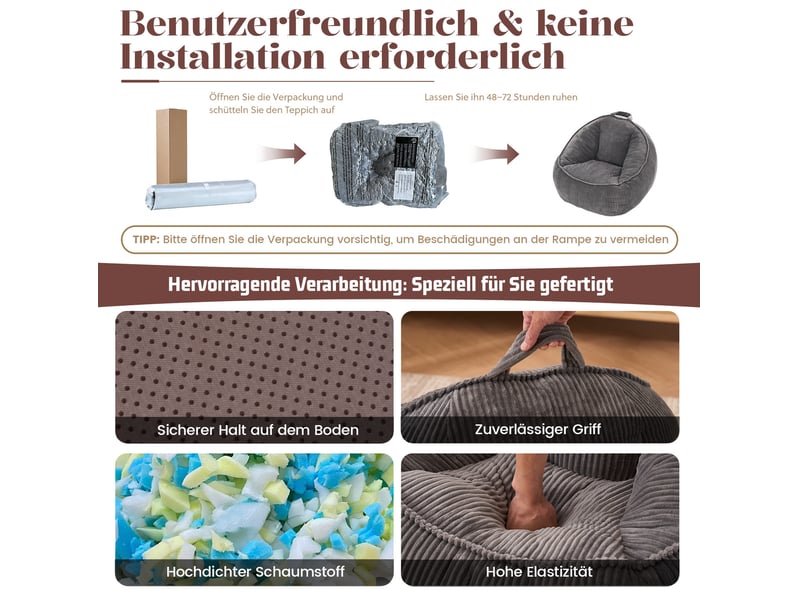  Fauteuil pouf ergonomique avec dossier enveloppant, garnissage en mousse à mémoire de forme en velours côtelé gris clair  - Conforama E