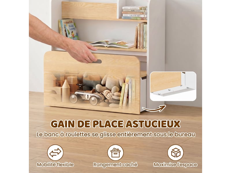  Bureau et chaise pour enfant 5 en 1 avec bibliothèque et banc coffre à roulettes, blanc, pour 3 à 8 ans  - Conforama E