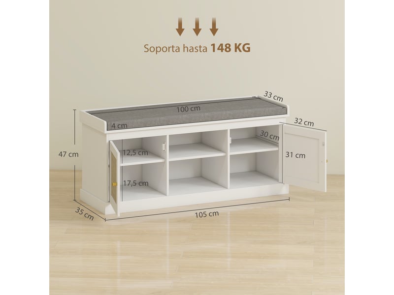  Banc à chaussures avec portes avant en rotin, étagères réglables et ouvertes pour entrée ou chambre, 105 x 35 x 47 cm, blanc  - Conforama E