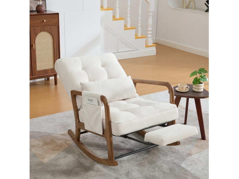  Rocking-chair avec repose-pieds intégré, dossier réglable, poche latérale et coussin lombaire en velours côtelé beige  - Conforama C