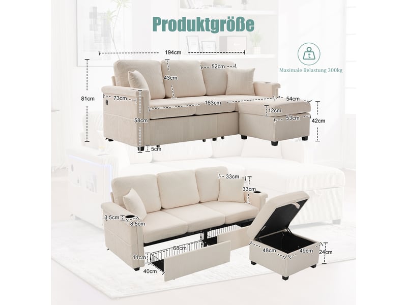  Canapé modulable avec pouf coffre 194 cm, 2 tiroirs de rangement, led, usb et usb-c, porte-gobelets, poches latérales, velours côtelé beige Radiant Stride - Conforama C