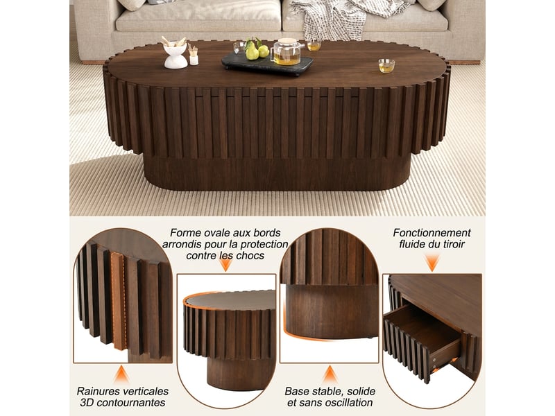  Table basse ovale avec tiroir 100x50x35,5 cm - design à lattes verticales couleur noyer  - Conforama D