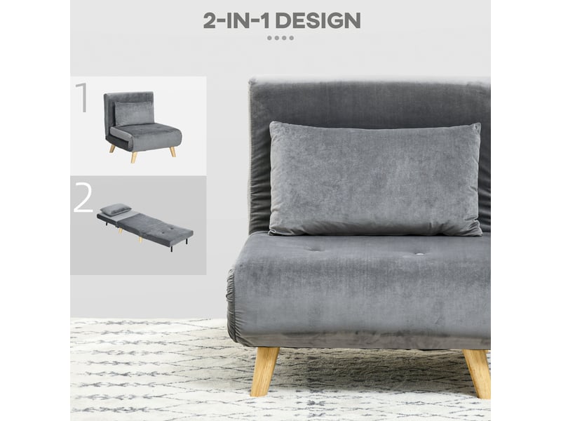 Fauteuil convertible en lit gris, dossier réglable 6 positions, fauteuil-lit avec coussin pour chambre d'amis - Conforama E