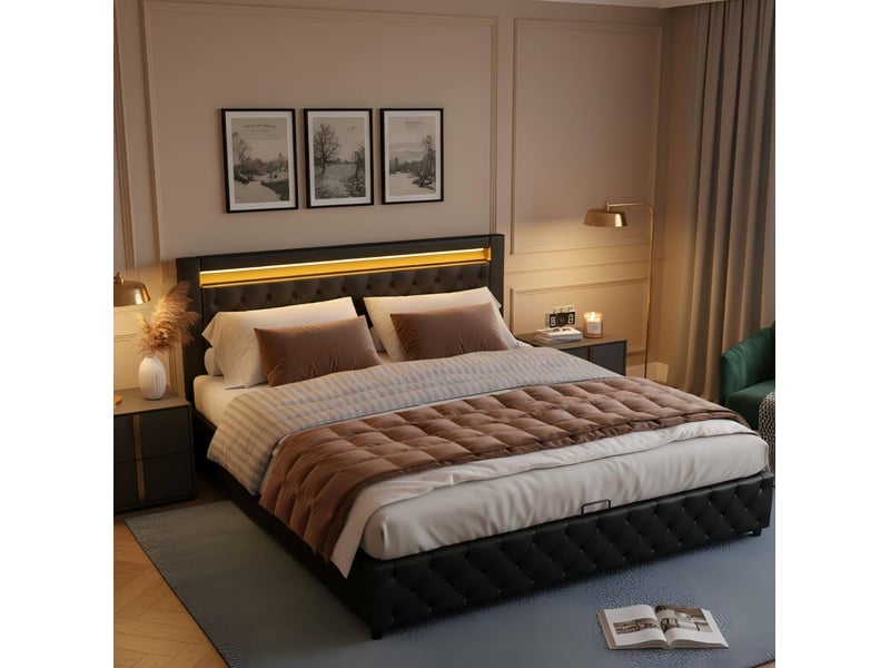  Lit coffre capitonné 140 x 190 cm avec sommier, rangement hydraulique et led noir  - Conforama E