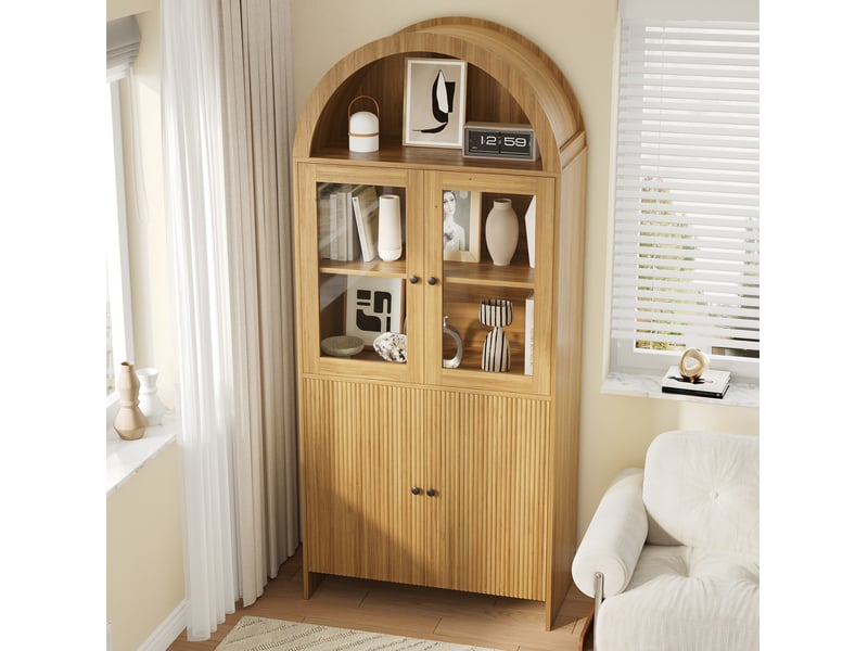  Buffet haut 78x40x176 cm avec vitrine à portes vitrées et rangement fermé, naturel  - Conforama C