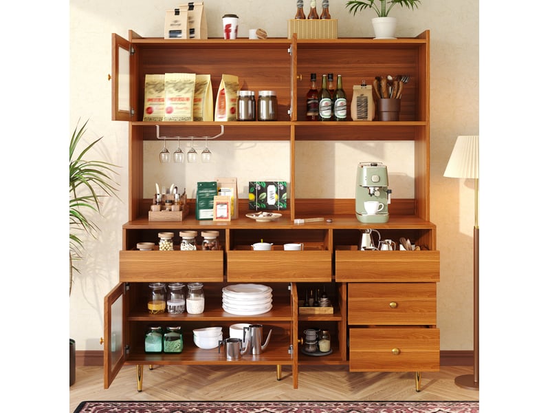  Buffet haut 145 x 39 x 171 cm en mdf, portes en verre strié, marron noyer  - Conforama E