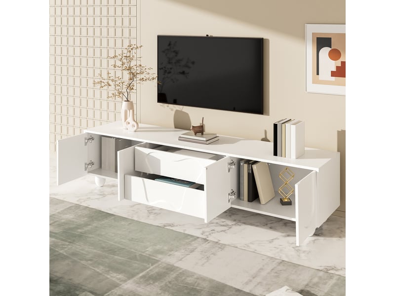 Meuble tv 180x40x42 cm avec 2 tiroirs, 4 portes et pieds en bois, design unique, meuble de salon, aggloméré, blanc  - Conforama W