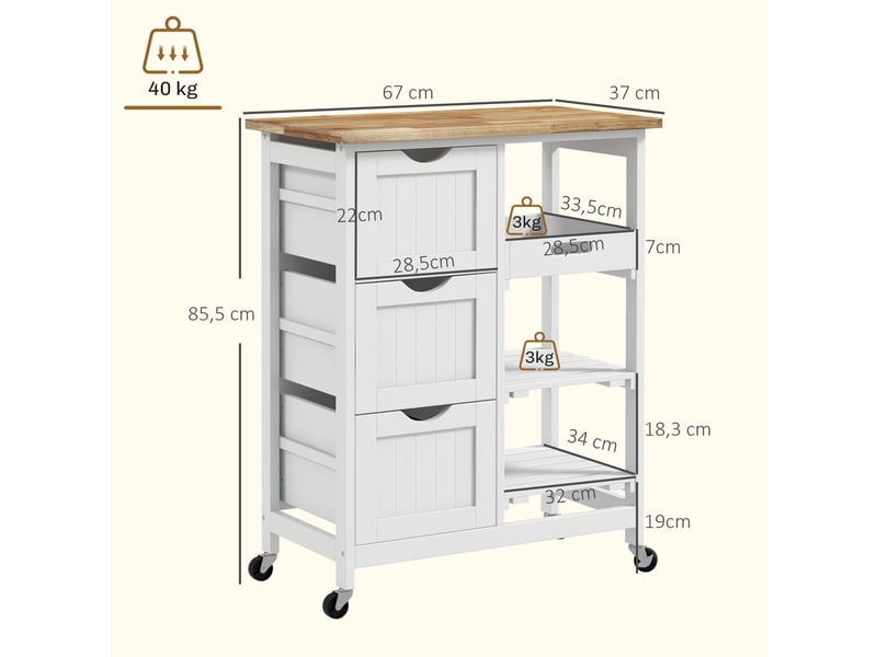  Desserte de cuisine à roulettes 3 tiroirs 1 plateau amovible blanc 67 x 37 x 85,5 cm  - Conforama C