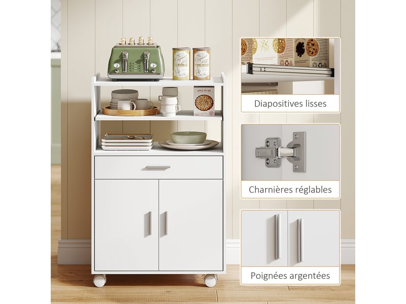 Chariot de cuisine sur roulettes, desserte micro-onde à roulettes avec placard tiroir étagères, blanc, 59 x 40 x 92 cm - Conforama W