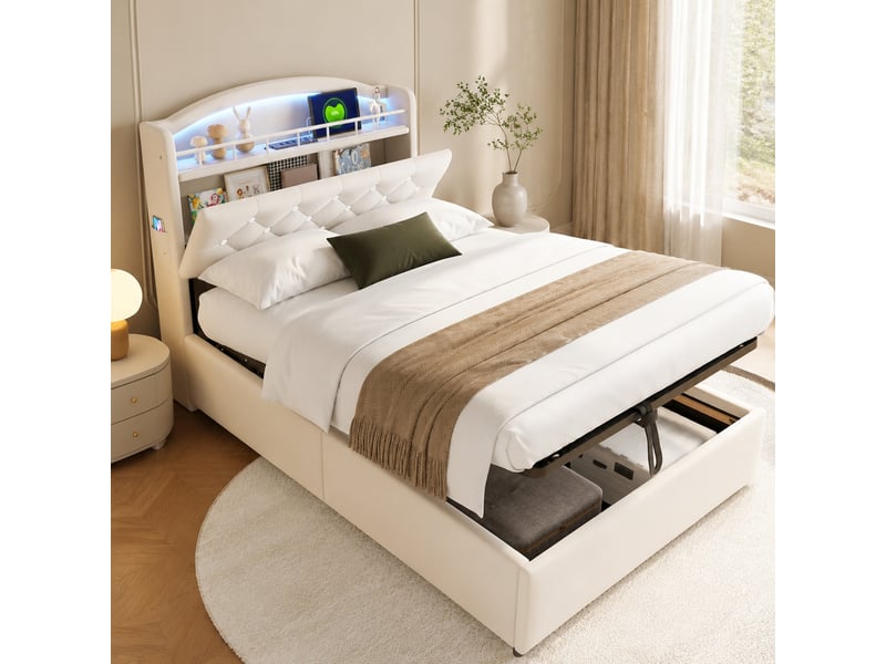 Lit coffre enfant tcqpz 90 x 200 cm en velours avec rangement, led, usb et prise type-c beige - Conforama B