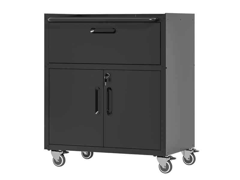 Armoire à outils métallique sur roulettes 75x42x88 cm – noir et gris – 1 tiroir, 2 portes verrouillables, étagères réglables - Conforama A