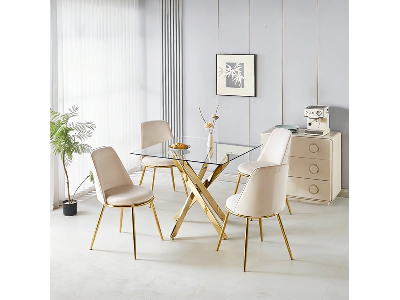 Lot de 5 ensemble table et 4 chaises de salle à manger en velours beige clair et métal doré, style glamour - Conforama B