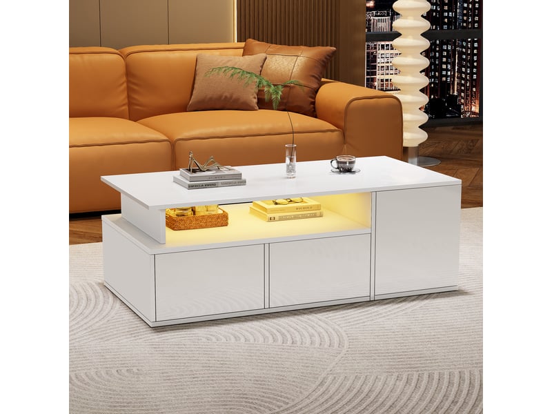  Table basse avec led 100x50x35 cm table de salon blanche 2 tiroirs  - Conforama D