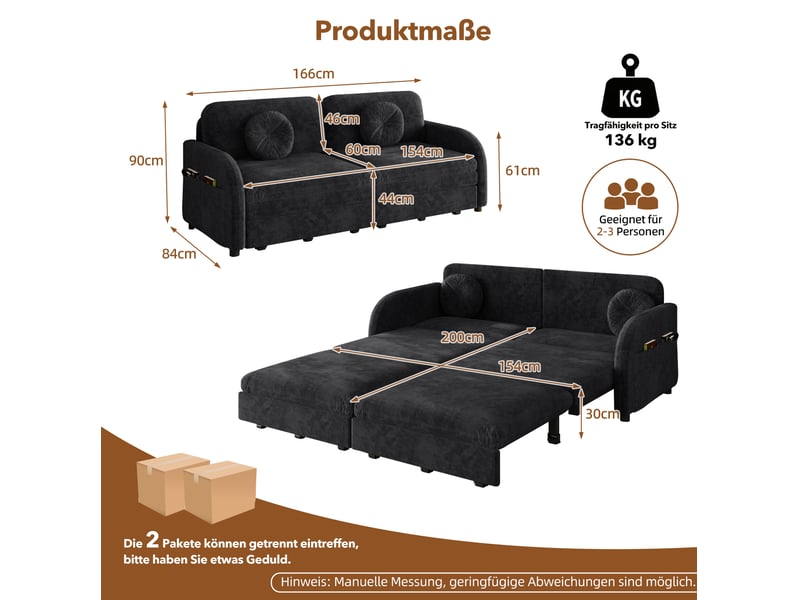 Canapé-lit 2 places 166x84x90 cm 3-en-1 avec poche latérale, pour salon, en métal, bois, mousse et tissu chenille, noir  - Conforama C