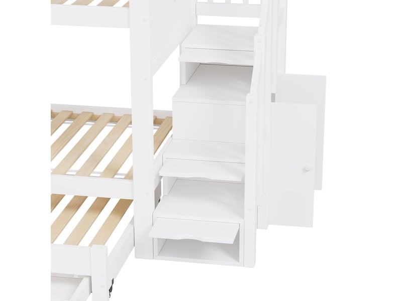  Lit superposé 90x200 cm blanc avec lit gigogne 90x190, escalier de rangement et armoire, sans matelas  - Conforama D