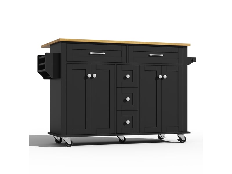 Desserte de cuisine 140x65x89 cm avec plateau rabattable, 5 tiroirs, placards, porte-épices et porte-serviettes mdf noir et naturel  - Conforama A