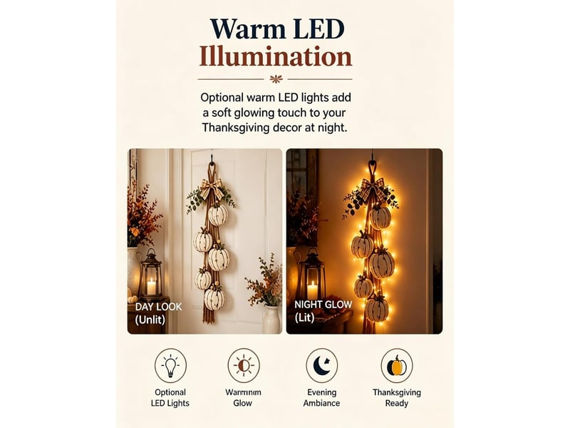  Lot de 5 décorations d’automne citrouilles blanches en bois avec led, nœuds à carreaux, pour porte et mur  - Conforama C