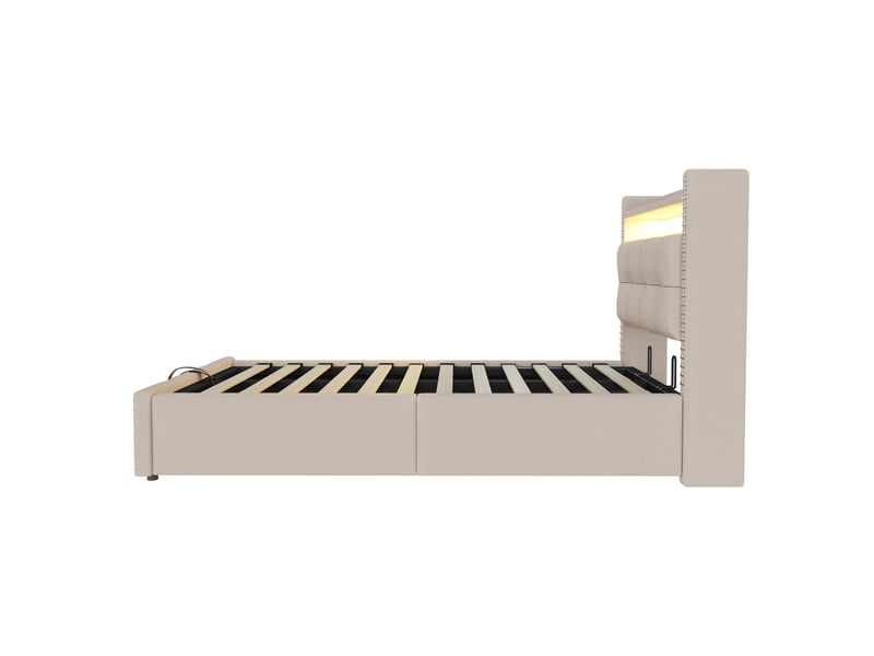 Lit coffre 90x200 cm avec led, charge et tête rangement, lin, beige, sans matelas - Conforama R
