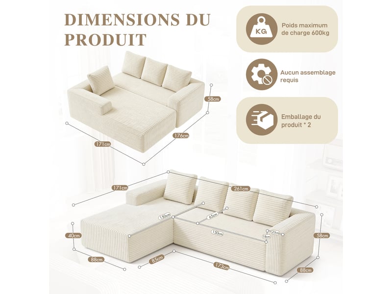 Canapé d'angle gauche en l canapé modulable 4 places canapé nuage canapé compressé en velours côtelé avec méridienne, beige - Conforama W