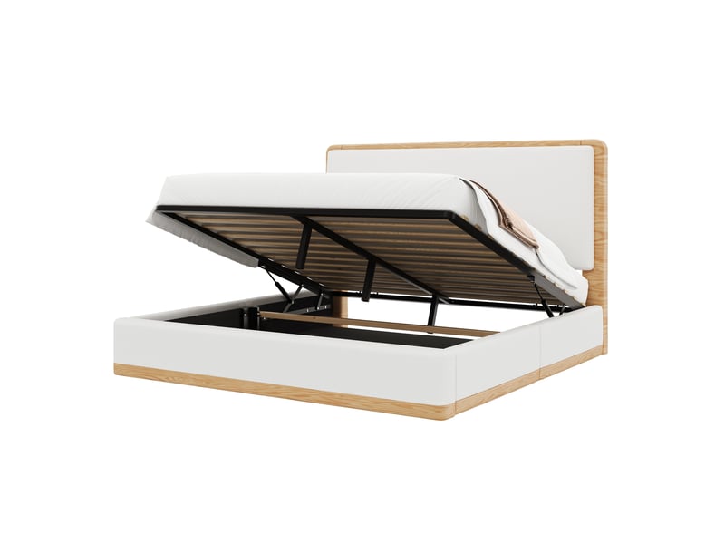 Lit coffre rembourré 180x200 cm avec rangement hydraulique, tête de lit matelassée, sommier à lattes, tissu teddy et pu, blanc et naturel - Conforama A