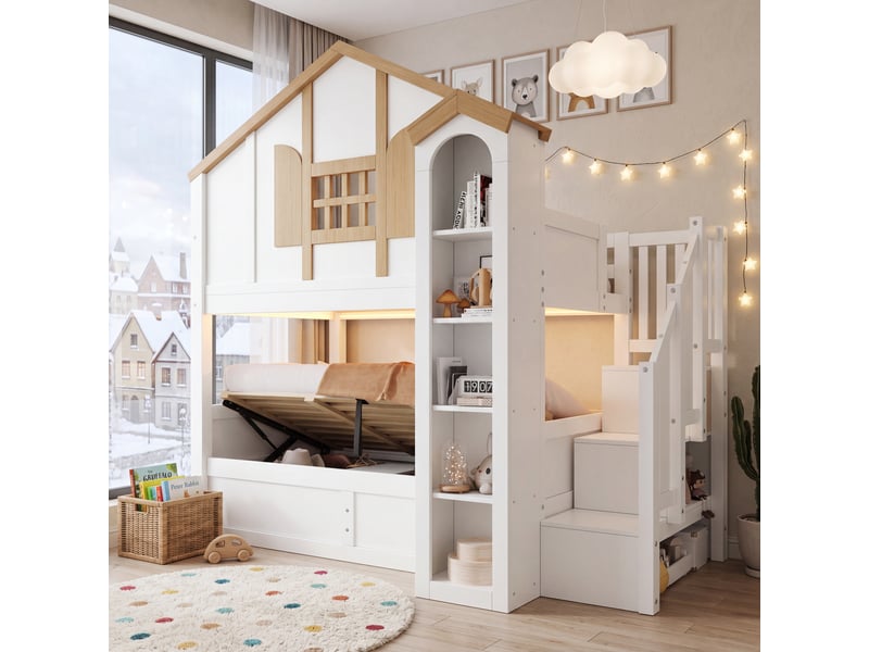  Lit superposé 90x200 cm, lit enfant, rangement hydraulique, escalier avec rangement, led, bois de pin blanc, style cabane  - Conforama R