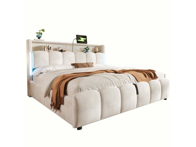 Lit capitonné, 180 x 200 cm, éclairage led, tête de lit avec compartiment de rangement, sans matelas, sommier coffre hydraulique, ports usb et type-c, velours, beige - Conforama A