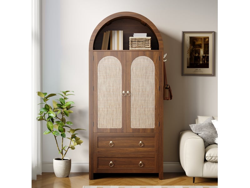  Buffet haut modenvie vintage en mdf noyer 80 x 40 x 180 cm avec portes en rotin et 2 tiroirs  - Conforama E