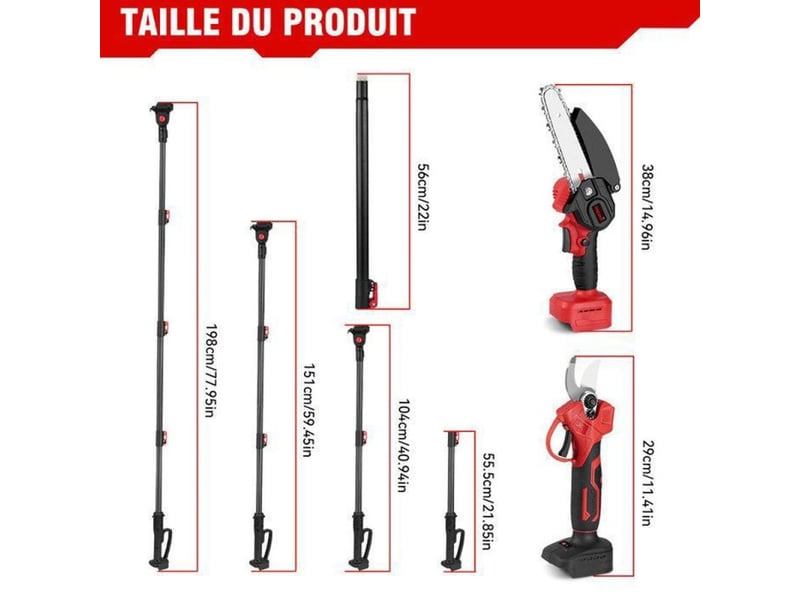 Tronconneuse elagueuse sur perche sans fil 450w moteur sans balais 6 pouces 198 cm 297014_AAALX03677_6_DROPFR - Conforama C