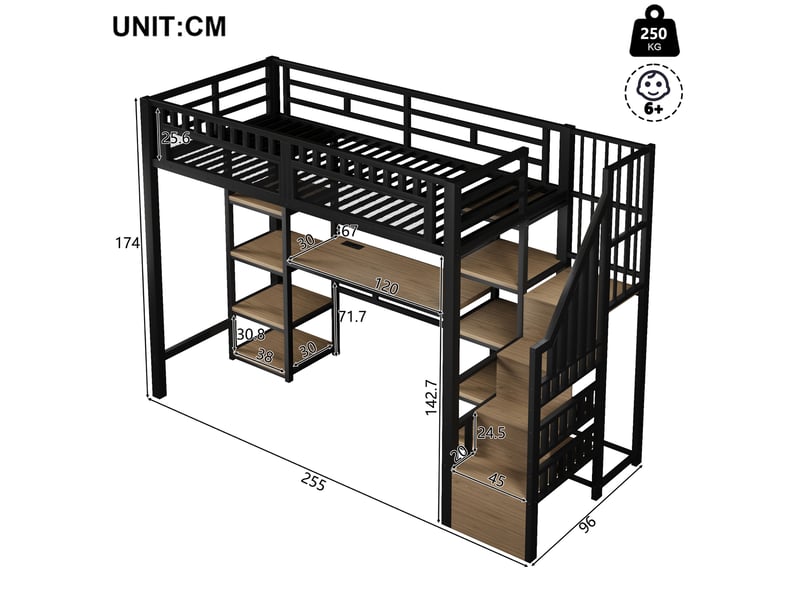  Lit mezzanine 90x200 cm coloris noir led métal lit enfant noir - Conforama C
