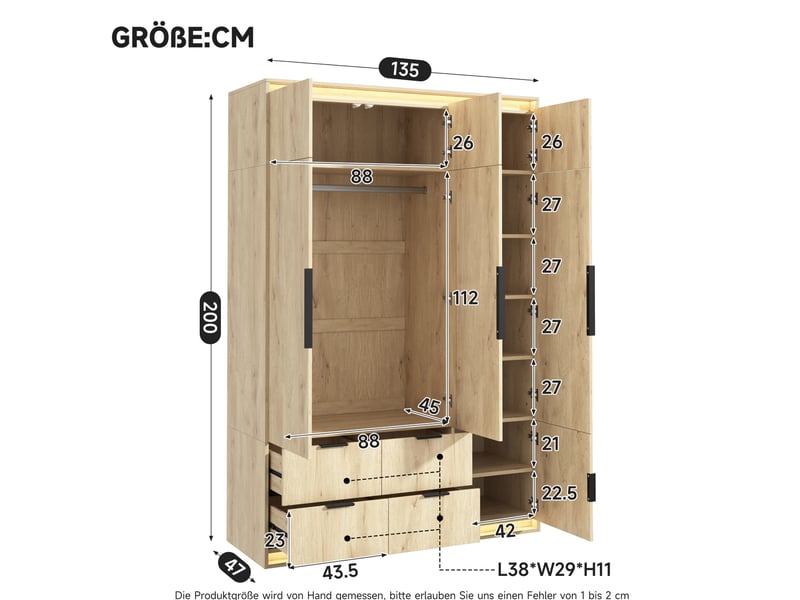  Armoire 3 portes modenvie avec miroir et éclairage led 135 x 47 x 200 cm mdf chêne anthracite  - Conforama C