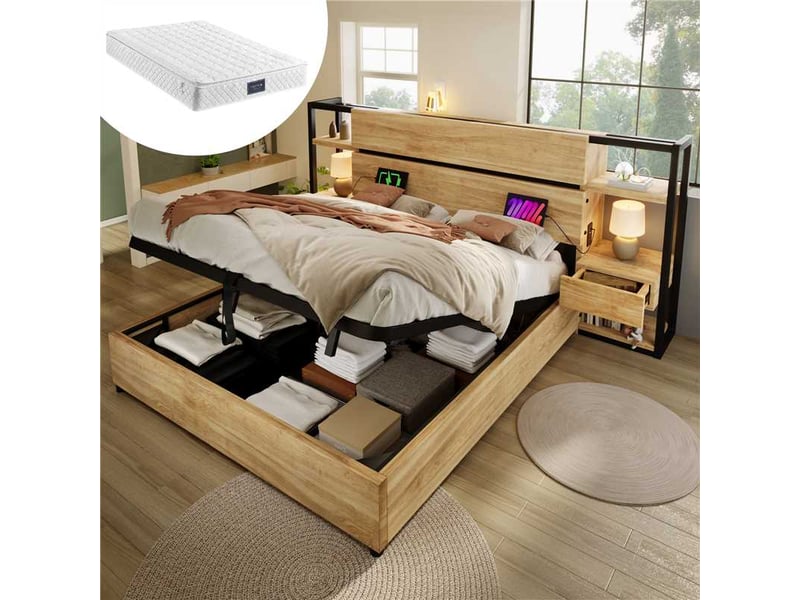  Lit double adulte,160x200 cm,avec rangement et ports usb,mdf,effet chêne  - Conforama B