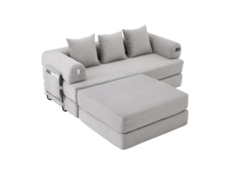  Canapé modulaire 200x190x67cm, pouf, 3 coussins, rangement pratique, meuble de salon, revêtement velours côtelé, gris  - Conforama A