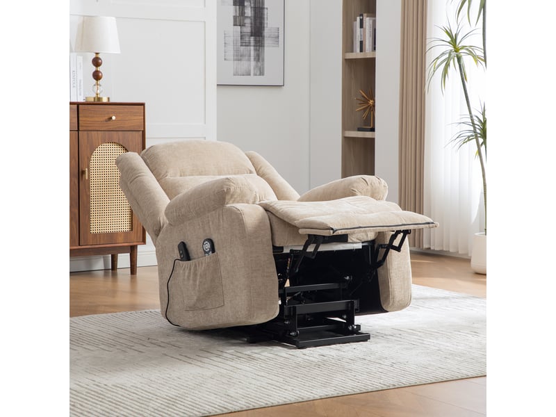 Fauteuil relax électrique releveur massant et chauffant en chenille beige clair Fay Lum - Conforama E