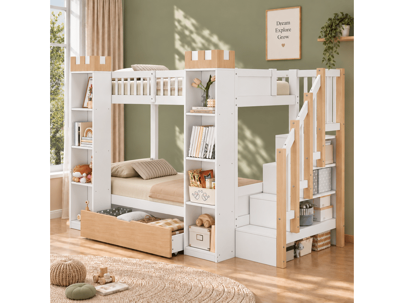  Lit superposé enfant château 2x90x200 cm blanc et bois avec rangement  - Conforama E