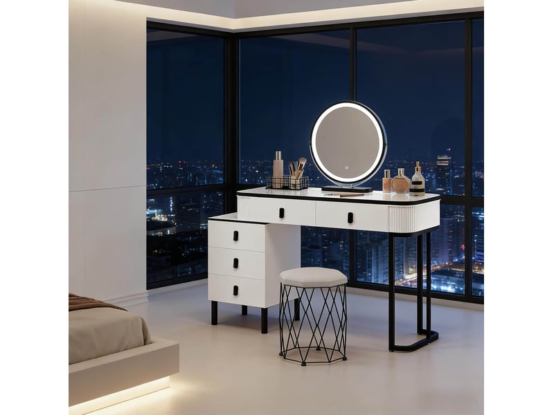  Coiffeuse avec miroir led réglable, 5 tiroirs, caisson réversible et tabouret pour chambre, blanc, 125 × 40 × 100 cm  - Conforama C