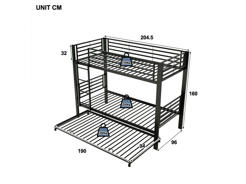  Lit superposé enfant 90x200 cm avec lit gigogne en métal couleur noir, sans matelas, design industriel, design moderne  - Conforama C