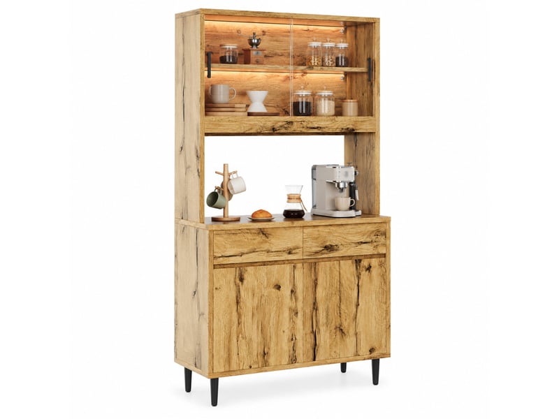 Buffet haut avec portes vitrées, led et prises usb, style scandinave pour salle à manger, chêne, 100 × 40 × 185 cm - Conforama A