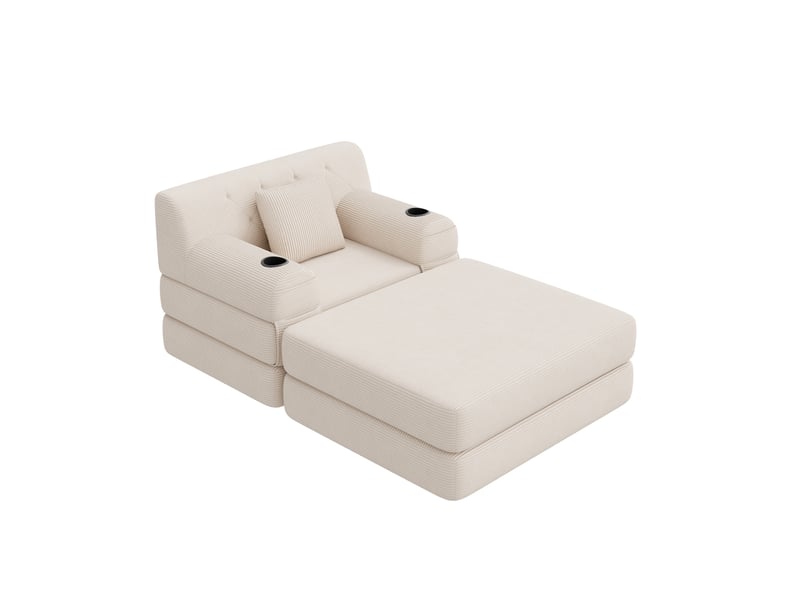  Fauteuil 1 place avec repose-pieds en velours côtelé beige, 107x162x81 cm  - Conforama E